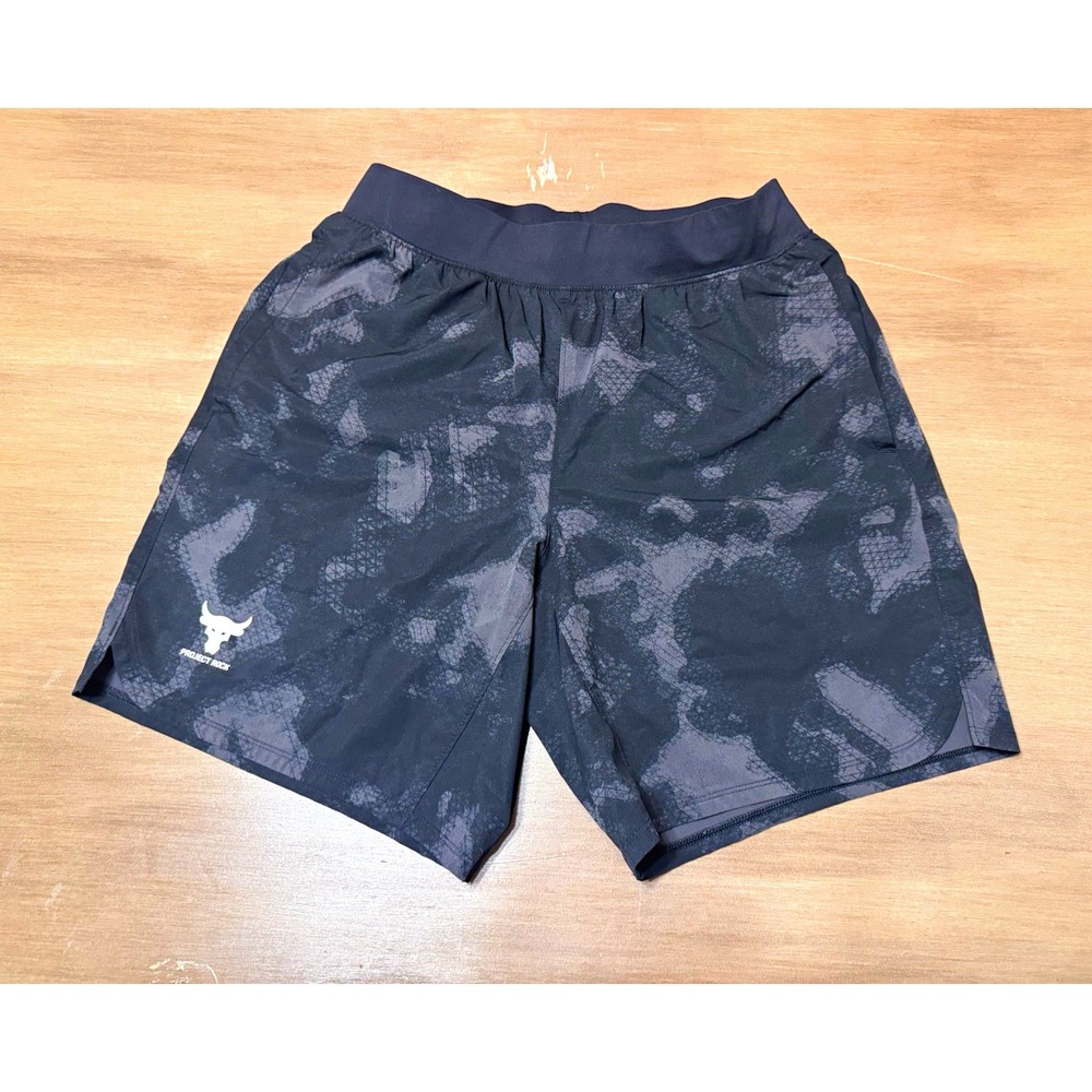 Under Armour Project Rock Woven Shorts Mens L Black Gray Camo Brahma Bull